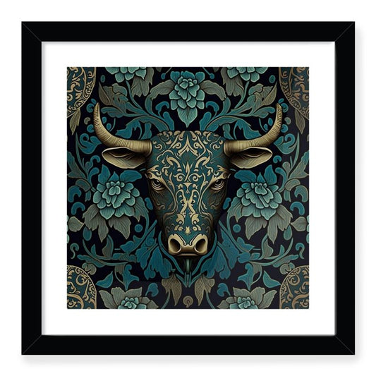 Teal and Gold Bull Print Framed