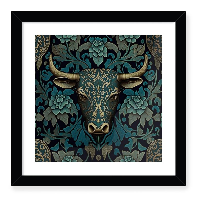 Teal and Gold Bull Print Framed