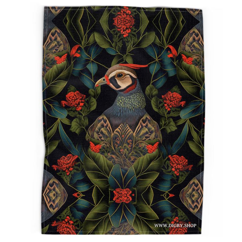 Red Partridge Print Tea Towel