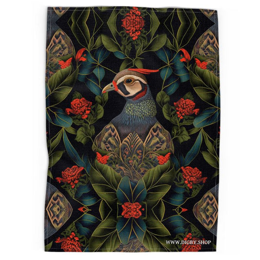 Red Partridge Print Tea Towel